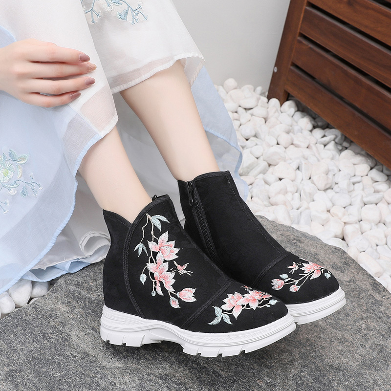 加绒民族风绣花配旗袍靴子短靴