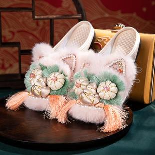 虎头毛毛口中国风女拖鞋平底绣花拖鞋花朵布艺休闲国潮复古民俗鞋