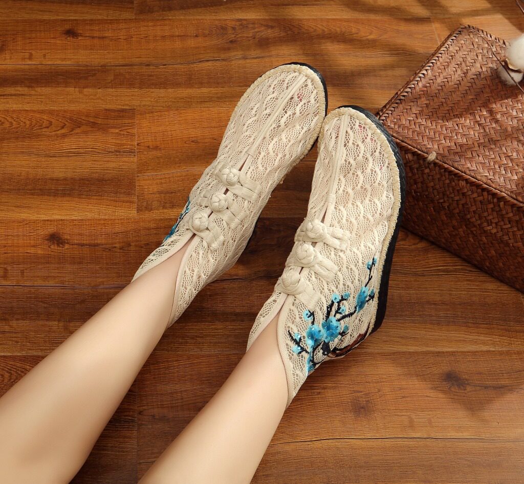 OLD BEIJING CLOTH BOOTS MESH AUTUMN BOOTS LACE FLAT BOTTOM BREATHABLE NATIONAL STYLE BUCKLE EMBROIDERED SHOES WOMENS SINGLE SHOES SUMMER BOOTS SHORT TUBE