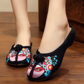 2026夏季 半拖布鞋 新款 牛筋底软底凉拖 老北京绣花鞋 脸谱居家拖鞋