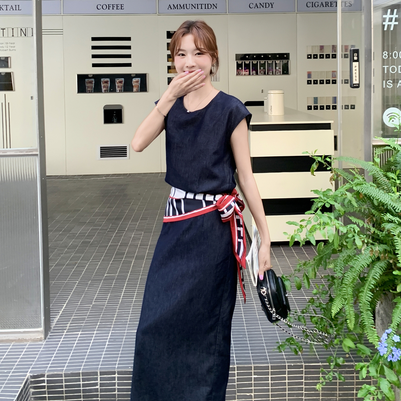 欧货设计感丝巾拼接牛仔套装裙女夏季休闲酷飒通勤半身裙两件套潮