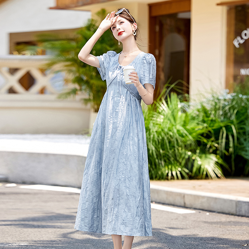 蓝色裙子显瘦遮肚微胖连衣裙夏季女2025新款法式巨好看赫本风裙子