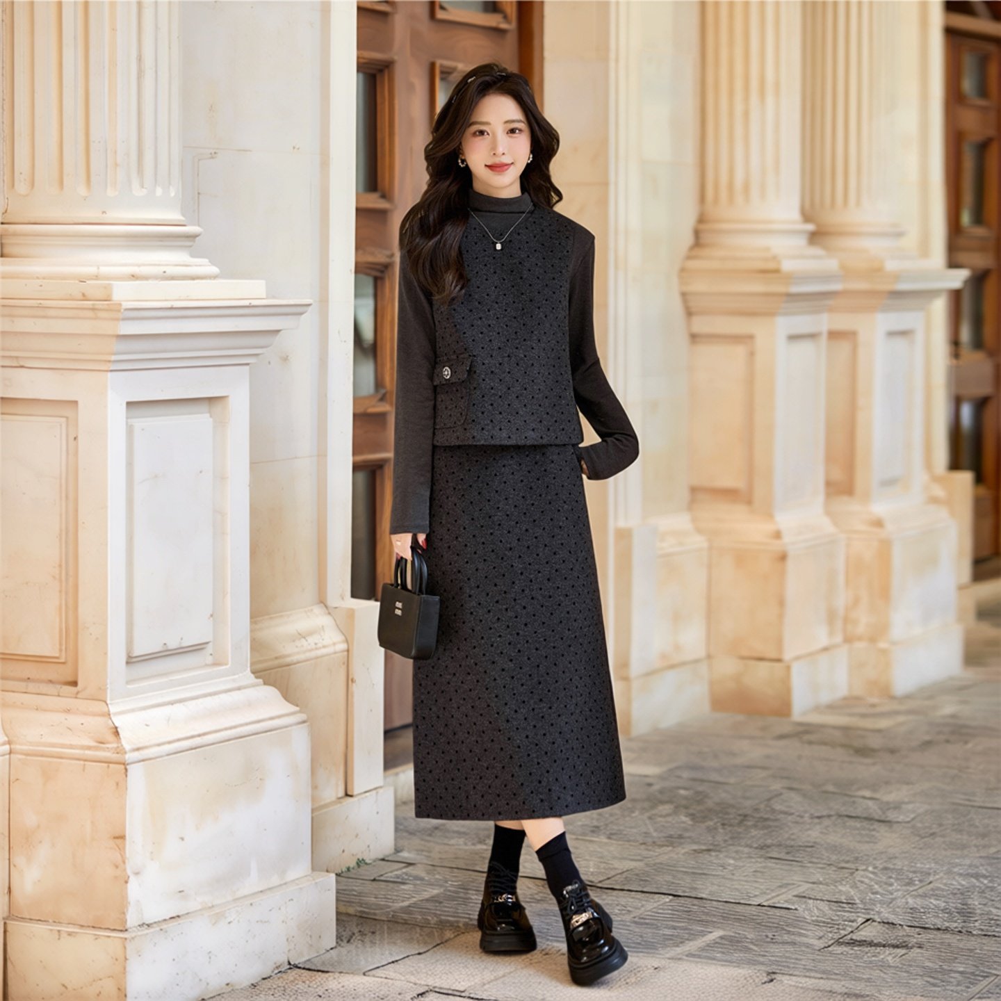 小香风套装女2026春季新款半高领打底衫波点毛呢马甲半身裙三件套,女装/女士精品,时尚套装,淘宝优惠券,粉丝福利购,淘宝优惠卷