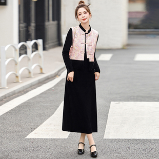 国风新中式 金丝绒重工烫金拼色马甲连衣裙两件套女秋冬气质套装