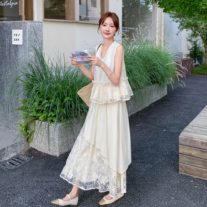 欧货莱赛尔蕾丝上衣外穿吊带背心半身裙子两件套装新25夏季穿搭女