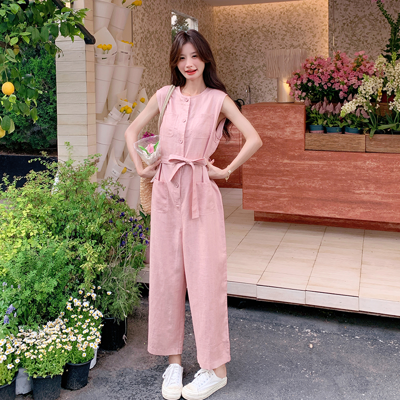 天丝亚麻休闲工装连体裤女夏2025新款无袖背心亚麻阔腿裤连衣裤子