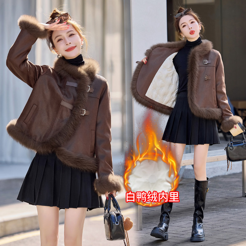 麂皮绒拼接狐狸毛皮草外套女短款2025冬季新款小个子白鸭绒羽绒服,女装/女士精品,皮草,淘宝优惠券,粉丝福利购,淘宝优惠卷