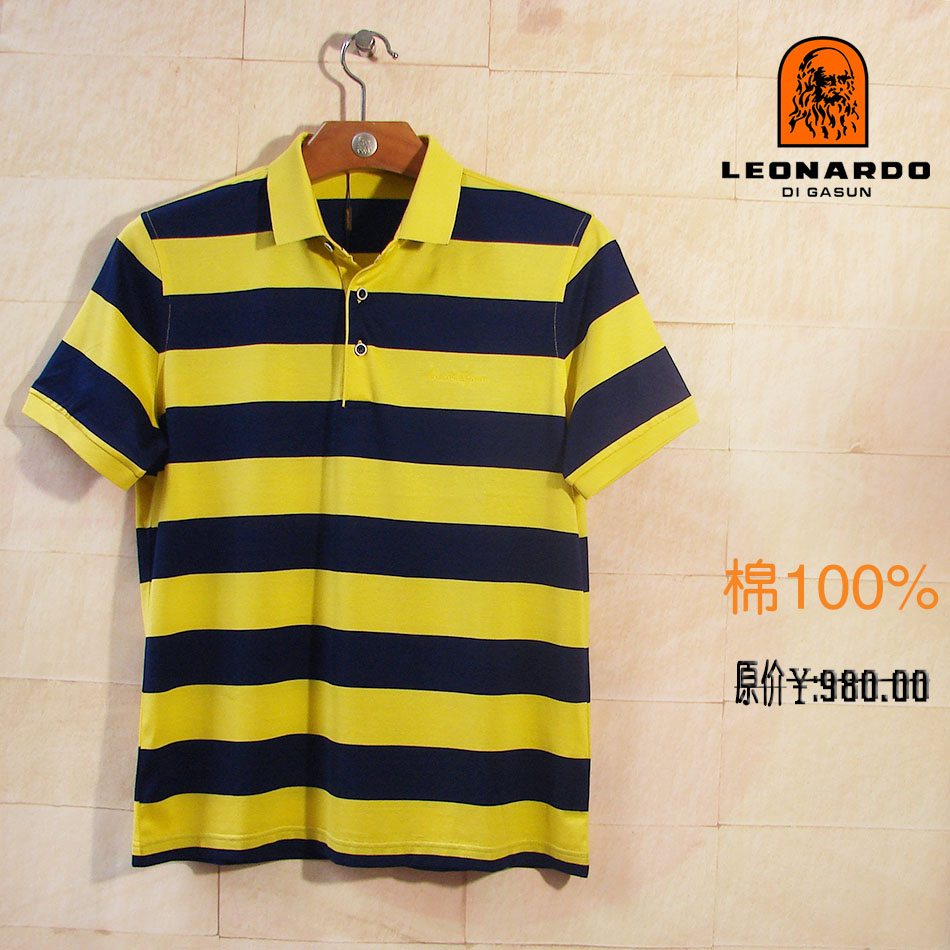 leonardo利奥纳多老人头男装纯棉丝光棉黄色粗条纹短袖t恤衫0445