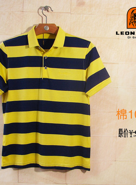 LEONARDO利奥纳多老人头男装全棉丝光棉黄色粗条纹短袖T恤衫0445