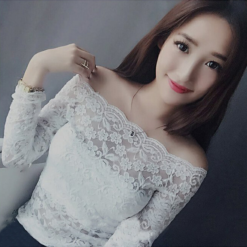 性感蕾丝打底衫2025秋新款女装韩版气质名媛一字领修身镂空蕾丝衫