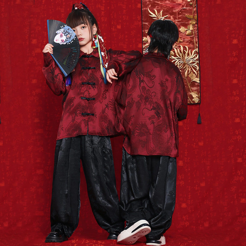 中国风元旦演出服儿童喜庆新年服男女童唐装拜年服少儿街舞表演服