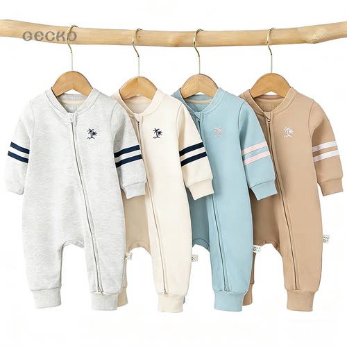 春秋杠条斜拉链欧美风婴儿连体衣春秋宝宝爬服a类休闲运动包屁衣