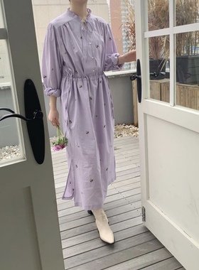 韩国东大门25新春夏淡紫色收腰纯棉刺绣宽松长田园ins爆款连衣裙