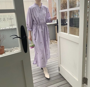 韩国东大门26新春夏淡紫色收腰纯棉刺绣宽松长田园ins爆款 连衣裙