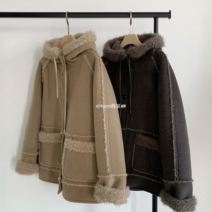 form韩国东大门代购 休闲连帽保暖百搭毛毛外套 25秋冬anou时尚
