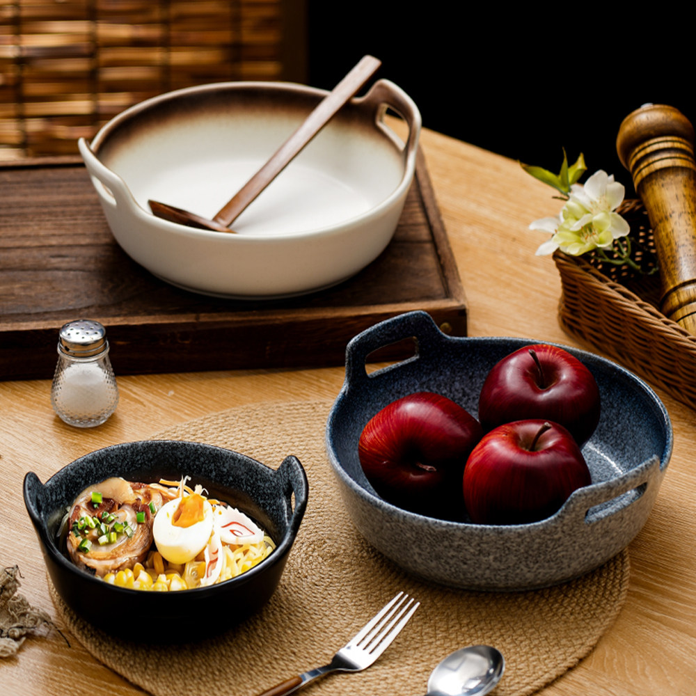 随意双耳碗陶瓷汤盆圆形蒸碗家用空气炸锅专用碗厨房餐具干锅菜碗