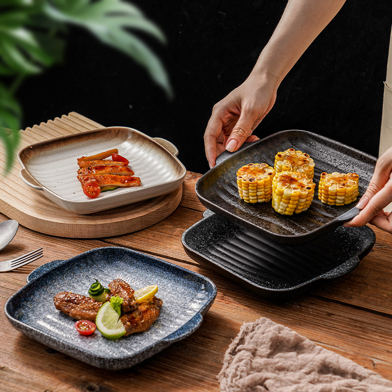 日式陶瓷烤盘烤箱专用烘焙焗饭盘芝士焗饭盘方形双耳烤盘小吃盘