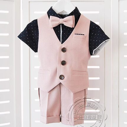 男童西装三件套周岁套装粉色夏季洋气韩版儿童演出服宝宝生日礼服