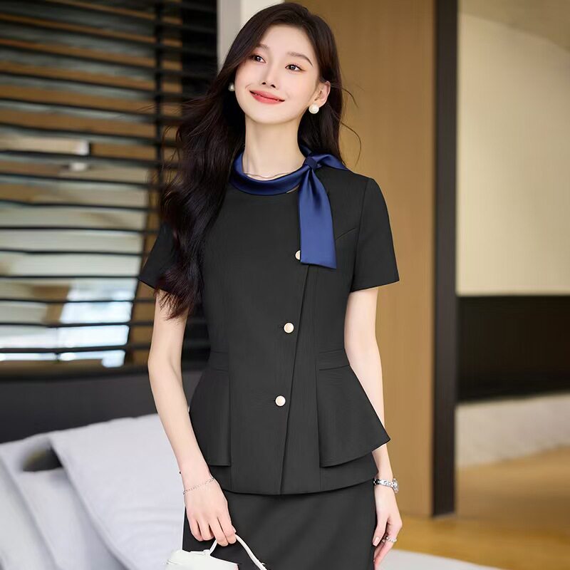美容院西装外套裤裙子套装女黑色夏短袖接待潮收腰商务穿搭工作服