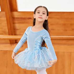 女童秋冬丝绒长袖 舞蹈服保暖练功服女孩刺绣纱芭蕾舞裙演出服1805
