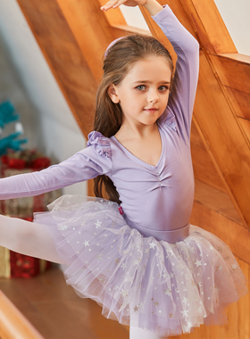 儿童秋冬纯棉长袖舞蹈服女童连体练功服考级服芭蕾舞裙蓬蓬裙1976