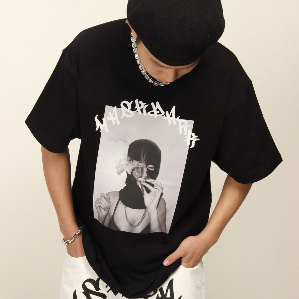 maskpark欧美人头国潮牌短袖人像蒙面匪帮街头宽松t恤男女式半袖