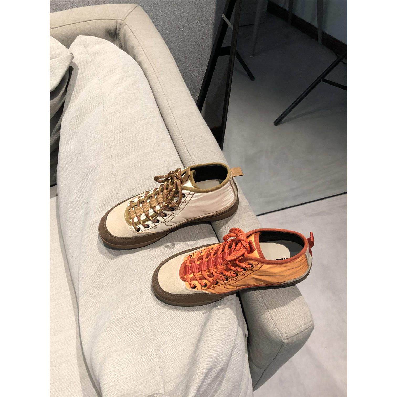 女鞋春季新款韩版拼色德训高帮鞋女橙色交叉绑带休闲运动板鞋真皮