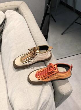 女鞋春季新款韩版拼色德训高帮鞋女橙色交叉绑带休闲运动板鞋真皮