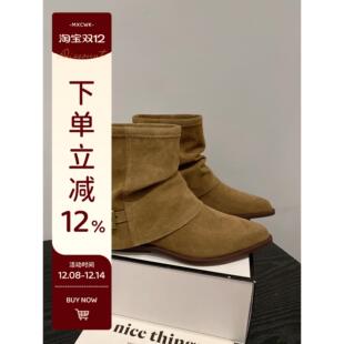 2025年新款磨砂牛皮复古西部牛仔靴女皮带扣装饰显瘦尖头套筒短靴