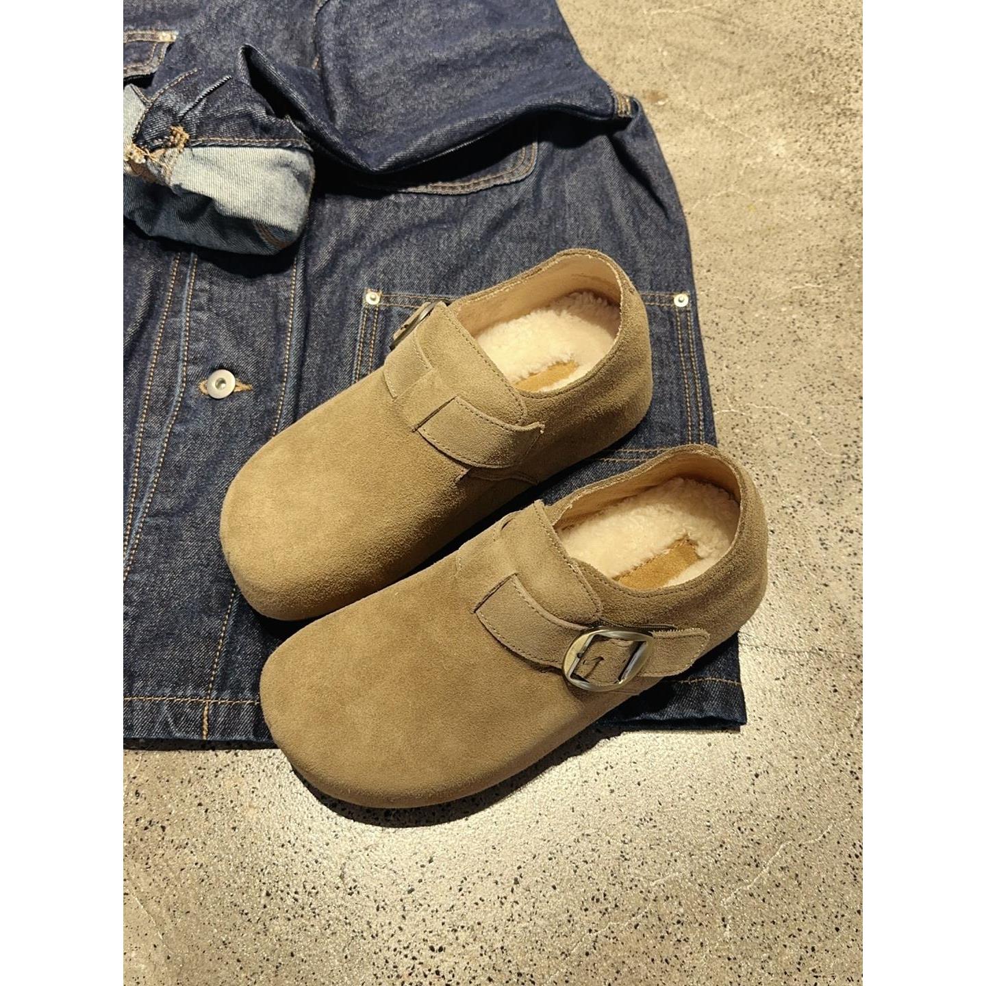 韩版开车鞋学生工作真皮勃肯鞋女加绒保暖一脚蹬休闲棉鞋冬季加厚