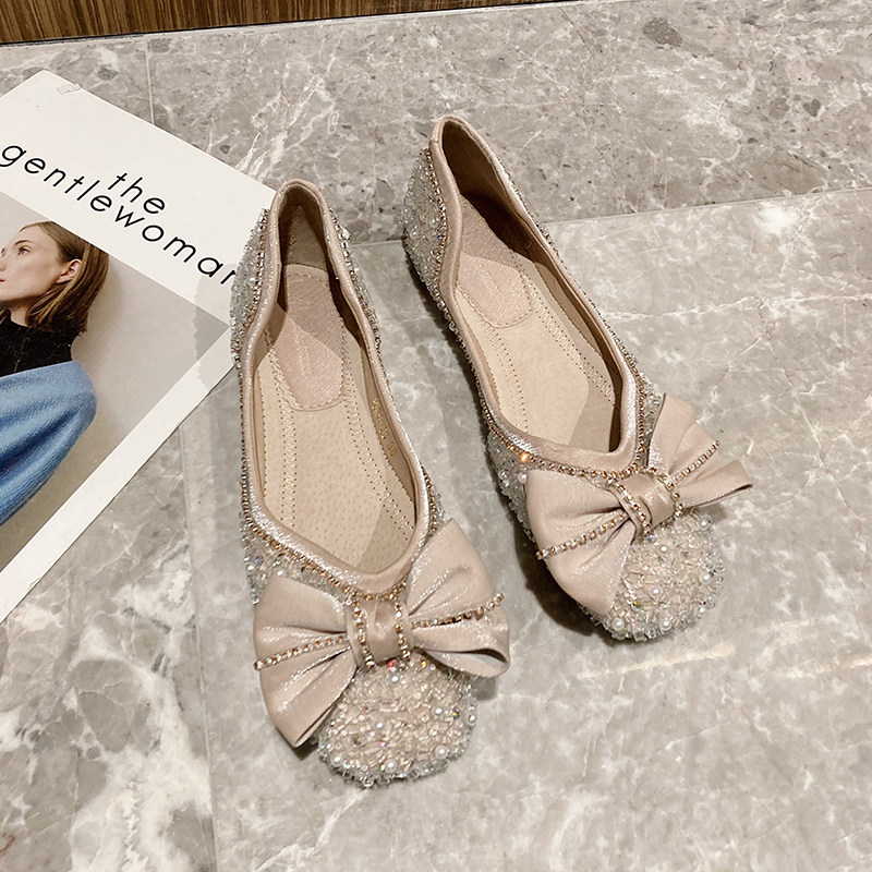 甜美蝴蝶结平底鞋女单鞋淑女水钻浅口方头鞋仙女鞋软底婚鞋伴娘鞋