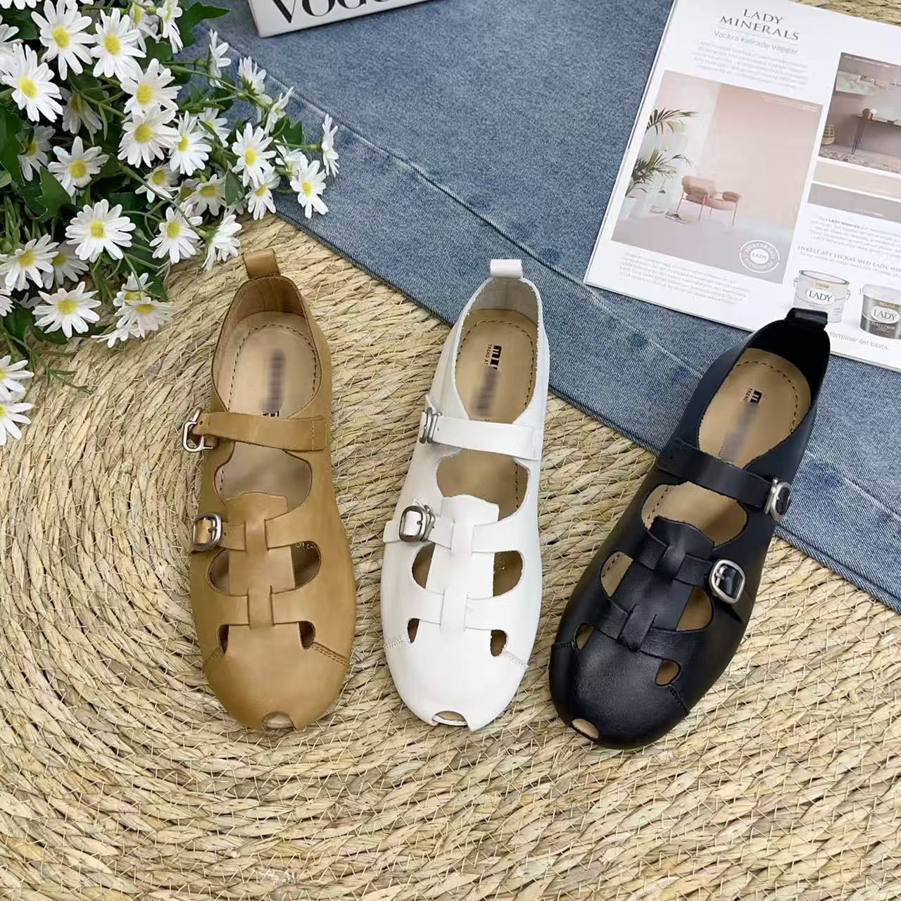真皮镂空玛丽珍鞋女老钱风夏季平底搭扣休闲鱼嘴罗马凉鞋舒适单鞋