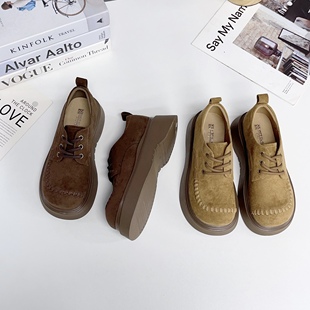 英伦风厚底乐福鞋女系带绒面单鞋休闲百搭复古女鞋