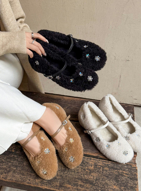 SIX MADDEN2025冬季女鞋浅口水钻一字带毛毛鞋玛丽珍鞋单鞋SMD353