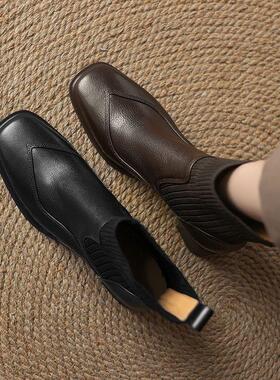 SIX MADDEN2024冬季女靴欧美弹力靴通勤女袜靴方头粗跟短靴SMC390