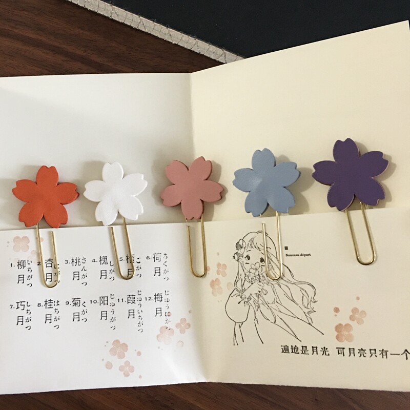 手作 真皮樱花手账书签回形针 植鞣牛皮小清新玫瑰金别针办公文具