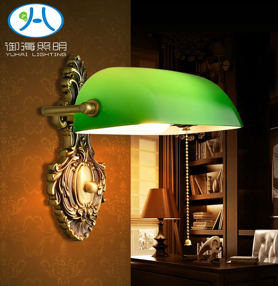 美式全铜民国老上海卧室床头客厅书房复古纯铜银行绿色玻璃罩壁灯