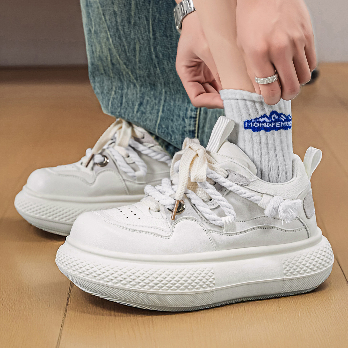 1613-2912-P65男鞋春季厚底增高小白鞋系带运动休闲鞋潮牌面包鞋，男鞋休闲鞋，星座1613-1