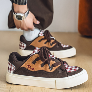 1613-2874-P68休闲板鞋圆头格纹青年车缝线格子港风ins男士鞋子26，男鞋休闲鞋，星座1613-1