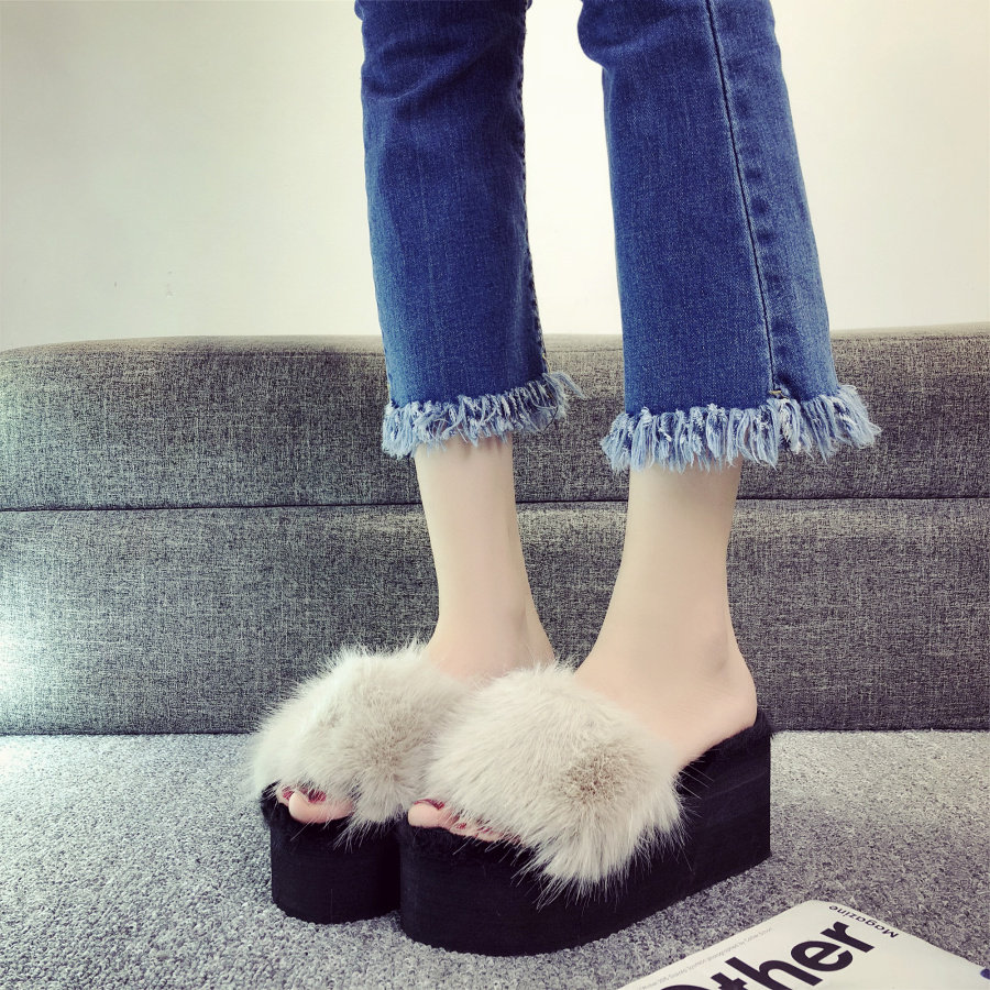毛毛拖鞋女秋冬季百搭厚底高跟保暖棉拖坡跟外穿松糕狐狸毛一字拖,女鞋,毛毛鞋,淘宝优惠券,粉丝福利购,淘宝优惠卷