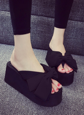 韩版学院风黑绿色时尚大蝴蝶结厚底松糕坡跟女夏夹脚人字沙滩拖鞋