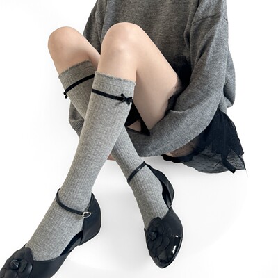 木耳边miu系甜美风蝴蝶结小腿袜灰色少女修饰腿型竖条堆堆中筒袜