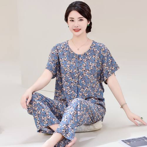 妈妈棉绸夏季短袖开衫睡衣套装