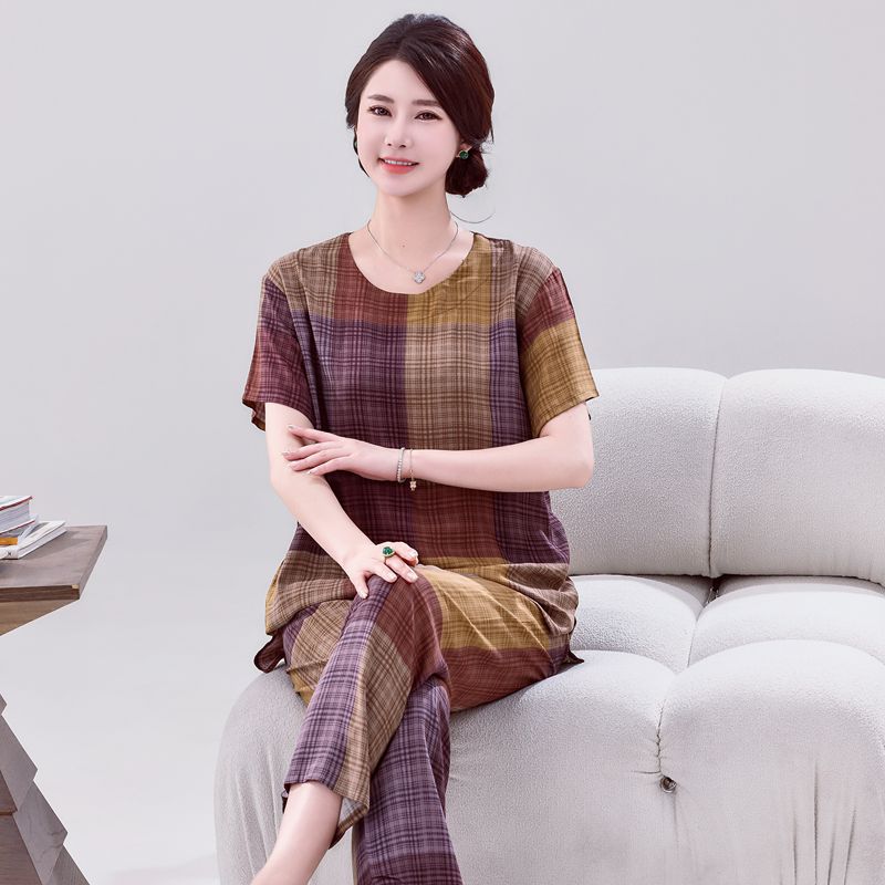 凉感妈妈棉绸睡衣女2025新款大码人造棉可外穿家居服套装中老年夏
