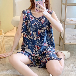 套装 防凸点睡衣女士夏季 无袖 棉绸夏天背心短裤 家居服学生 超薄新款