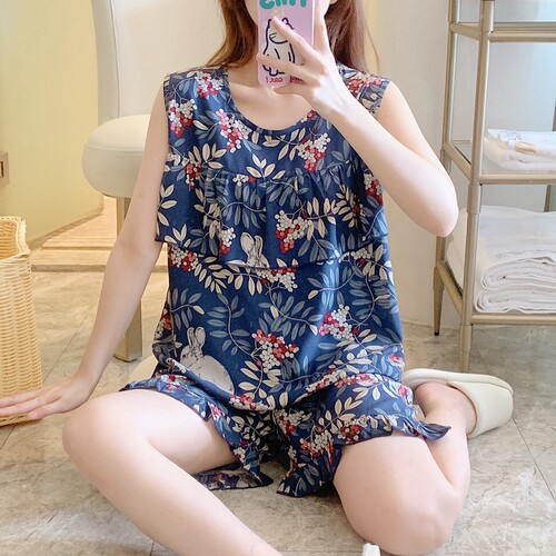 防凸点睡衣女士夏季超薄新款棉绸夏天背心短裤无袖套装家居服学生