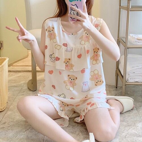 防凸点睡衣女士夏季超薄款纯棉绸夏天背心短裤无袖套装家居服学生