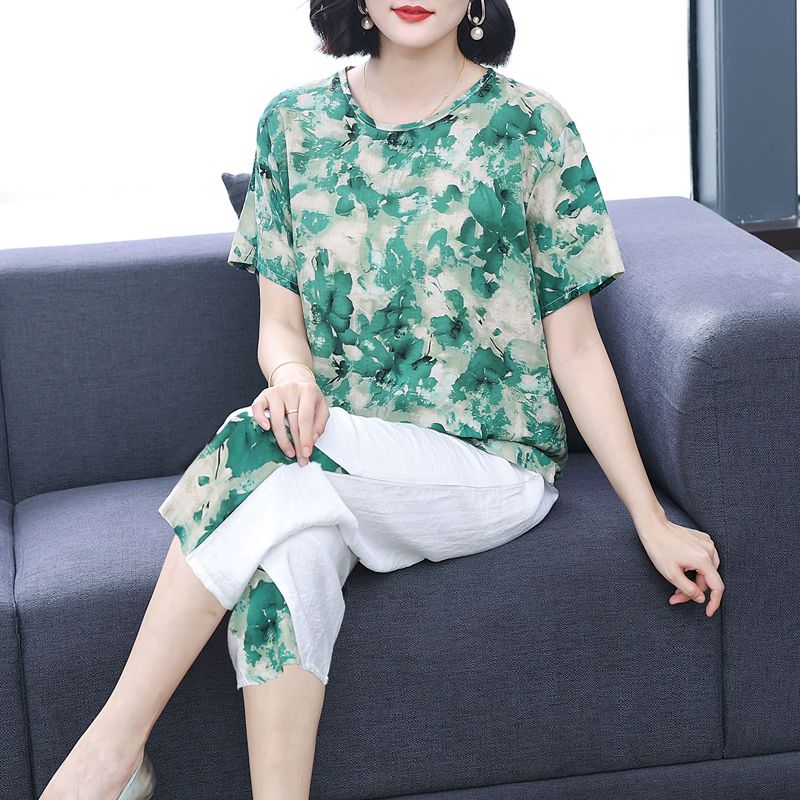 中老年睡衣女夏季棉绸短袖七分裤妈妈款家居服棉麻加大码夏天套装