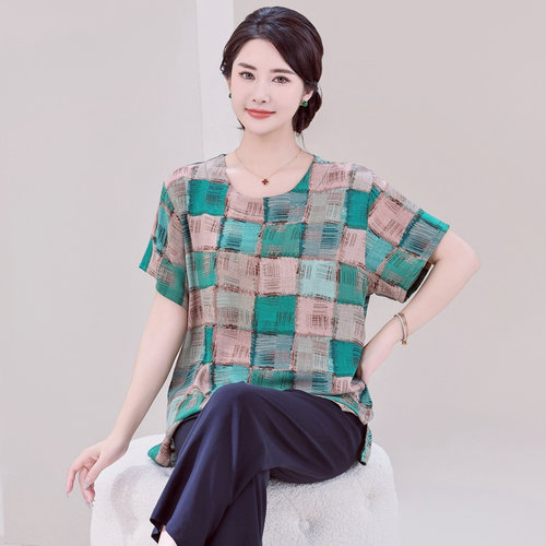 新款睡衣女棉绸短袖套装中老年妈妈加大薄款可外穿家居服夏季绵绸