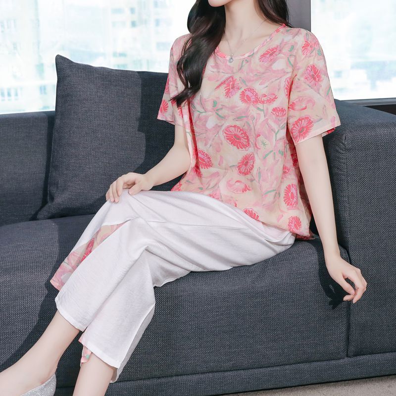 妈妈款棉绸睡衣女夏天大码中老年棉麻家居服新款老人短袖绵绸套装